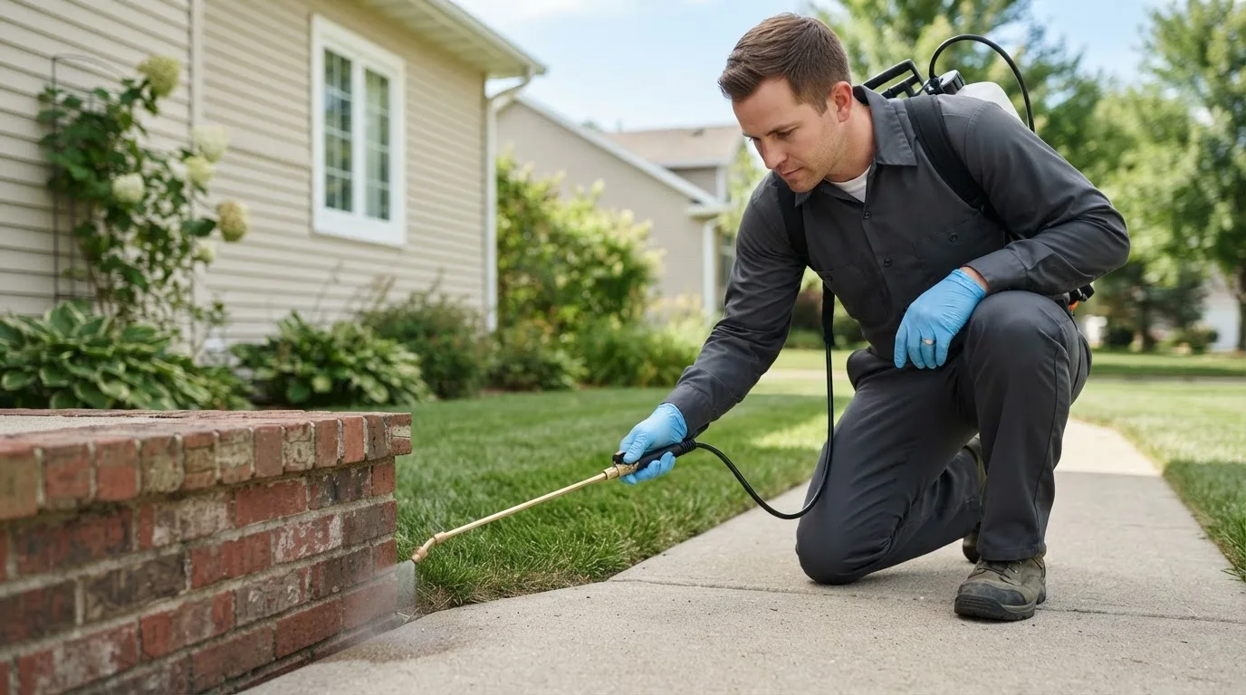 Pest control technician treating a home near Burtrum, MN