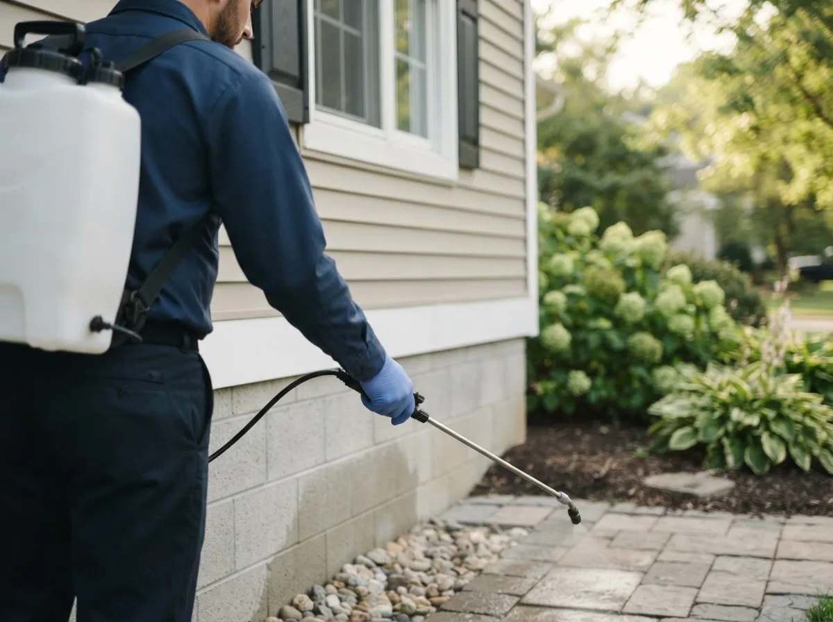 Pest control technician inspecting a home in Burtrum, MN